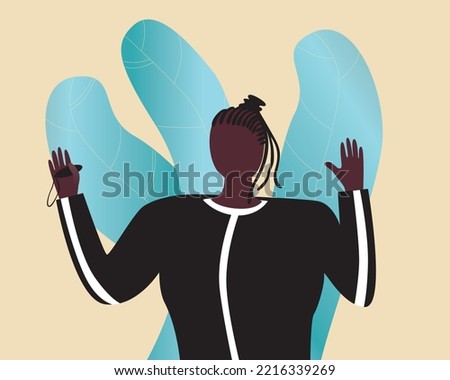 African woman plos size referees, observing and guiding players, flat vector stock illustration with leaves insulated