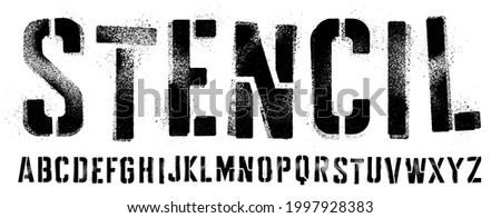 Stencil font with spray paint texture with mis-printed overspray. Highly detailed vector textures taken from high res scans. Compound path and optimised. Original design font Stock fotó © 