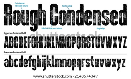 Rough Bold Condensed Font. Uppercase and Lowercase. Works well at small sizes. Detailed, individually textured characters with an eroded rough letterpress rolled ink print texture. Unique design font.