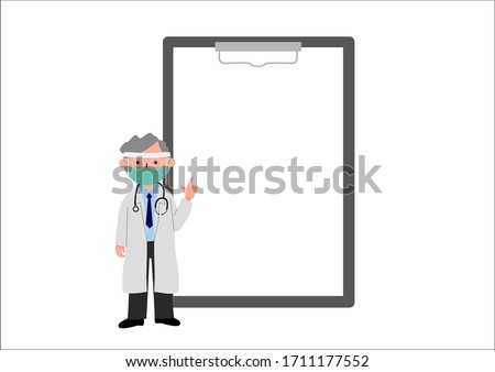 Full length of senior doctors wear mask and face shield pointing at empty medical clipboard and chart. Vector illustration.