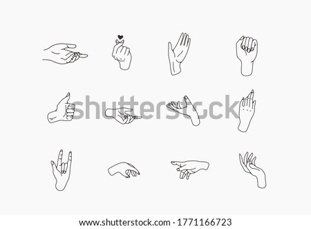 hand drawn hand icons in simple minimalistic line art style. logo elements illustrations for graphic design, logos and branding, social media icons. hand poses, pointing, holding, reaching, grasping. Сток-фото © 