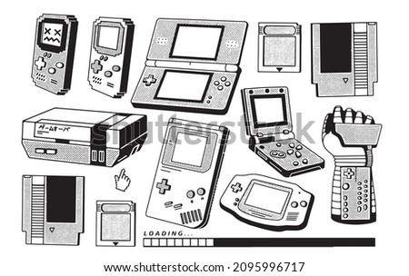 retro video game console vector illustration set. collection of different nostalgic old systems and handhelds. rom emulation, old game cartridges, isolated hand drawn graphics (translation: game over)