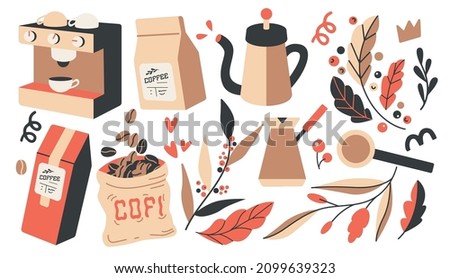 coffee vector illustrations simple minimalistic flat design style. design elements for projects, coffee bean packaging, different coffee preparing tools, trendy boho cafe branding doodles