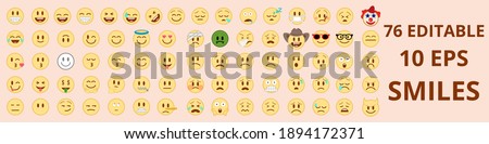 Big set of 76 colorful editable smiles. Vector smiles. On colorful background. Each editable icon is 410*350 px. Emoji smiles. Smiling and crying faces. Application smiles and emoji vector