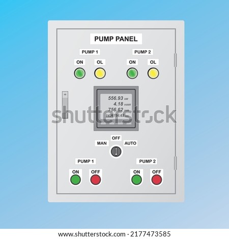 Two water pump control panel with power or energy meter, indicator lamp, push switch for on-off system, Front view in flat vector