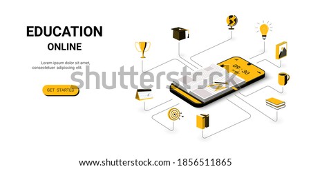Education Online on mobile Application, Digital Library.
Reading Book and studying in Online Library  with smartphone. Online Education for banner and mobile website. Back to school concept. vector
