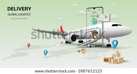 Online delivery service on mobile, Global logistic, transportation. Online order. Air logistics. Airplane, warehouse and parcel box. Concept of web page design for website or banner. 3D Vector