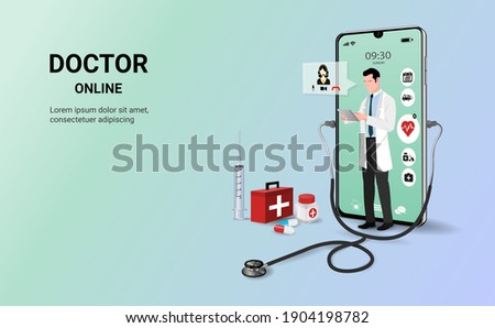 Doctor online on mobile app with male doctor standing. Online medical clinic, online medical consultation, tele medicine. Online healthcare and medical consultation. Digital health concept. 3D vector