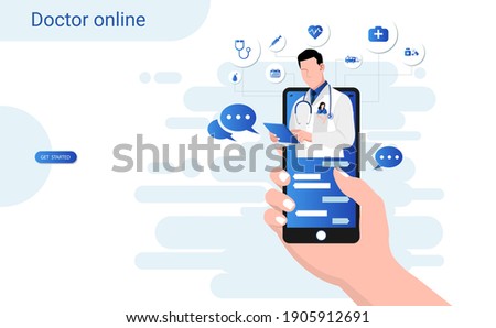 Online consultation doctor on mobile app with male doctor through the phone screen. Online medical clinic, tele medicine, Online healthcare and medical consultation, Digital health concept. 3D vector