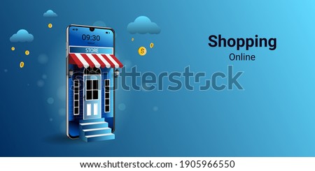 Shopping online on mobile Application. Modern marketing and Digital marketing. online store promotion concept. Use for website, banner and mobile website. 3D vector illustration