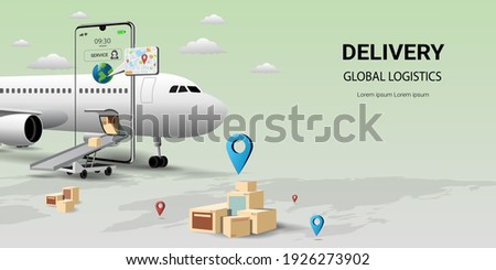 Online delivery by air service on mobile,Global logistic,transportation. Online order.Air logistics.airplane,warehouse and parcel box.Concept for website or banner.3D Perspective Vector illustration
