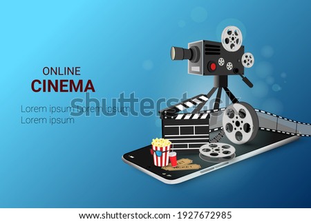Online cinema movie art poster design. Movie projector and film-strip movie reel. cinematography concept. Online Movie Time. Ticket Ordering. vector illustration