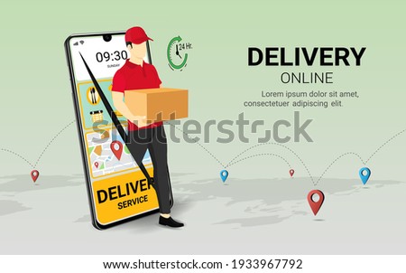 Delivery courier man holding Parcel Box with mobile phone. Fast online delivery service. Online order. Internet e-commerce. concept for website or banner. 3D Perspective Vector illustration