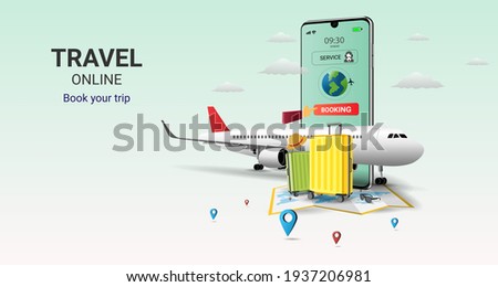 Travel online booking service app on smartphone. Internet e-commerce. Trip planning. Travel equipment and luggage. Tourism and booking app concept. Use for website or mobile app. vector illustration