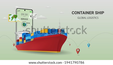 Online  delivery by container ship  on mobile service, online order tracking, global logistic, Ship delivery, sea logistics. warehouse, cargo, courier. Concept for website or banner. 3D Vector