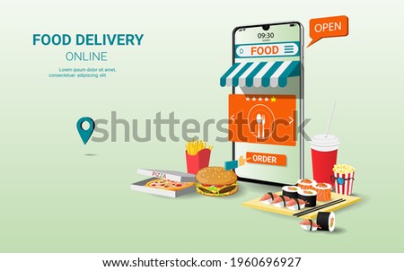 Food delivery online service on mobile phone. Online food order. Internet e-commerce. Digital marketing and Modern marketing. Concept for website or banner. 3D Perspective Vector illustration