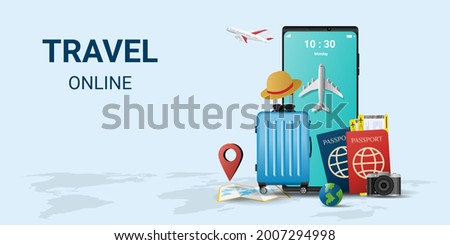 Online travel on smartphone . Book a ticket. Trip planning. Travel to World. travel equipment and luggage. Top view on travel and tourism concept template. vector illustration