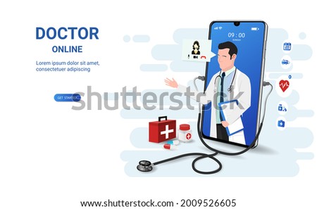 Doctor online on smartphone app with male doctor. Online medical clinic, online medical consultation, tele medicine. Online healthcare and medical consultation. Social distancing. 3D vector