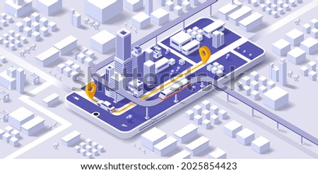 Maps and navigation online on mobile application, City isometric plan with road and buildings, GPS, World Map. Isometric smart city concept. 3d vector illustration.