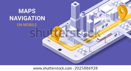 City map route navigation online on smartphone with point locator, City isometric plan with road and buildings, GPS, World Map. Isometric smart city concept. 3d vector illustration