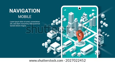 Vector illustration of smartphone with mobile navigation app on screen, City isometric plan with road and buildings, GPS, World Map. Isometric smart city concept. 3d vector illustration