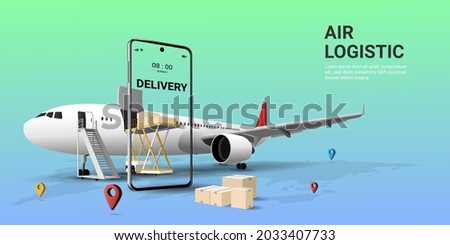 Online global transportation  delivery service on mobile by airplane. Air freight logistics. Online order. airplane, aircraft, warehouse, cargo and parcel box. website, banner. 3D Vector illustration