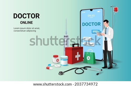 Online consultation doctor concept, online tele medicine and healthcare application for website. medical consultation, Online diagnostics, Ask a doctor, Online doctor concept. 3D vector illustration