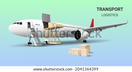 Global transportation  delivery service on mobile by airplane. Air freight logistics. Online order. airplane, aircraft, warehouse, cargo and parcel box. website, banner. 3D Vector illustration