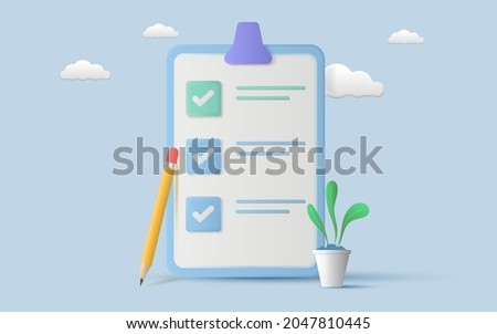 White clipboard with checklist and pencil drawing ticks checking selection marks on sky blue background. Planning and organization of work. 3d Vector illustration. 商業照片 © 