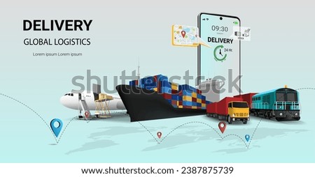 Online Global business delivery logistics service on mobile. Global logistics. rail transportation, Train, Freight Ship, cargo plane, truck, warehouse, container transport. 3d Vector illustration