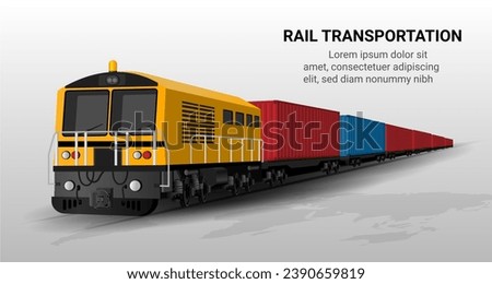 Transport logistics rail. Cargo train concept, Rail transportation, Global delivery logistics, Train delivery, Cargo export or import, Container-freight train, warehouse. 3D Vector illustration