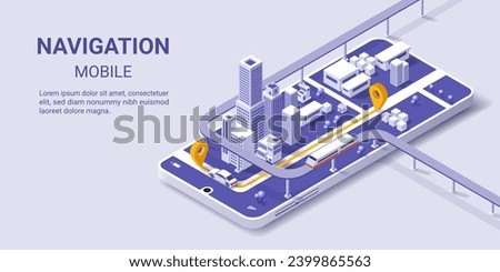 3d vector illustration of Mobile GPS navigation. Maps and navigation online on mobile application, City isometric plan with road and buildings, GPS, Travel, World Map. Isometric smart city concept