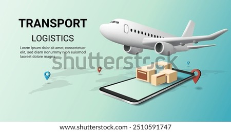 Air logistics Transportation on mobile. Online delivery service. Global logistic, Airplanes and parcel box, Airplane, warehouse. Concept of web page design for website or banner. 3D Vector. Eps 10