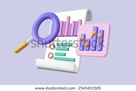 3d vector illustration of Clipboard checklist with magnifying and Dashboard and Business report chart, business financial audit, financial research report, SEO optimization. Data analysis concept