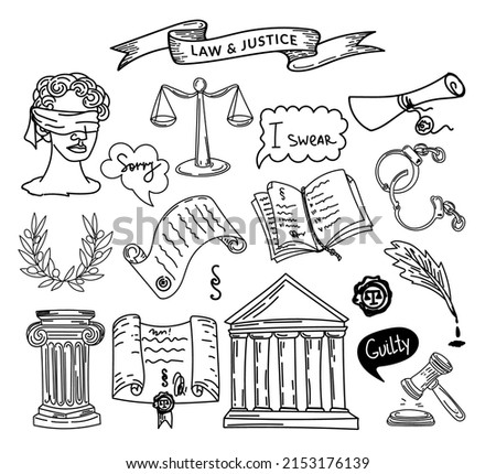 A set of law and justice symbols, a hand-drawn sketch-style doodle. Justice. Greece. Themis blindfolded. Laurel Wreath. Scales of Justice. A collection of cartoon elements suitable for infographics.