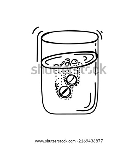 A glass of dissolving tablets. Hygienic remedy, hand-drawn with elements of the caramel. Fizzy tablets. Aspirin. Pain. Dissolve. Medications. Painkillers. Oral hygiene. Vector illustration. 
