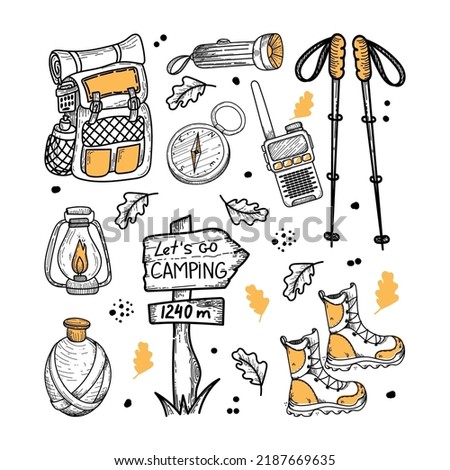 Camping kit with hand-drawn doodle-style elements. Backpack, flashlight, water bottle, walking sticks, walkie-talkie, etc. Items for tourism and recreation. Isolated element on a white background.