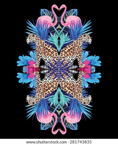 Exotic bird pink flamingo, leopard and nature tropical plant leaf in the fashion mirror style. Illustrator vector paradise print wallpapers