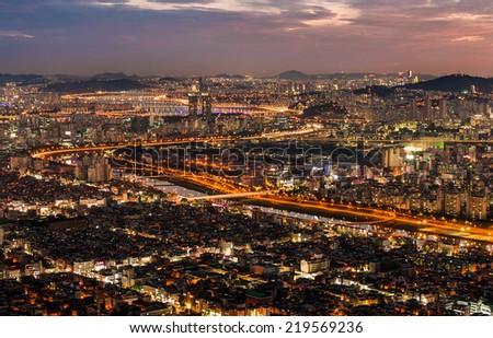 Korea City at Night and Han River ,South Korea