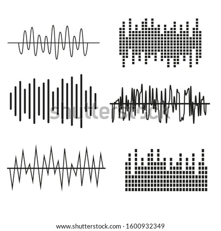 Sound wave icon set. Compare audio and stereo, tune. Black and white vector illustration isolated on white background. Vector