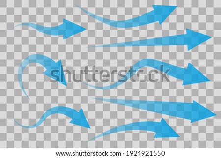 Set of transparent blue arrows showing air flow isolated on transparent background. Flat style. Vector illustration