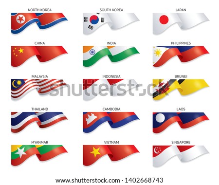 Flags of East Asia and South East Asia Country, Blowing, Fluttering, Vector Illustration, Background, 