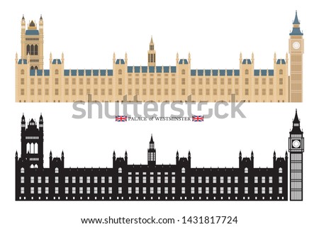 Palace of Westminster and Big Ben London, England, Flat vector and Silhouette, Isolated