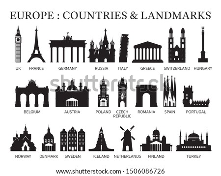 Europe Countries Landmarks Silhouette, Famous Place and Historical Buildings, Travel and Tourist Attraction