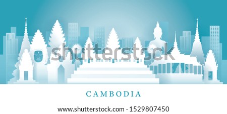 Cambodia Skyline Landmarks in Paper Cutting Style, Famous Place and Historical Buildings, Travel and Tourist Attraction