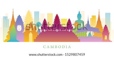 Cambodia Skyline Landmarks Colorful Silhouette Background, Famous Place and Historical Buildings, Travel and Tourist Attraction