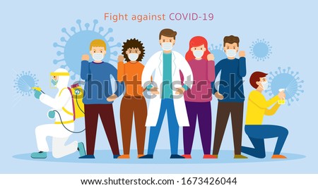 People and Doctor wearing Face Mask Fight Against Covid-19, Coronavirus Disease, Health Care and Safety Foto stock © 