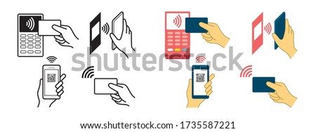 Contactless Payment Concept, Wireless, Symbols, Hand Holding Credit Card, Smart Card, Smart Watch, Smartphone, Scanning QR Code 