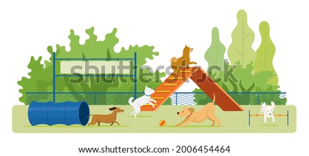 Dogs Playing in Playground , Park Background with Toys and Equipments