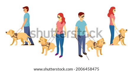 Blind Person With Guide Dog and Walking Stick, Labrador Retriever, Men and Women, Isometric View